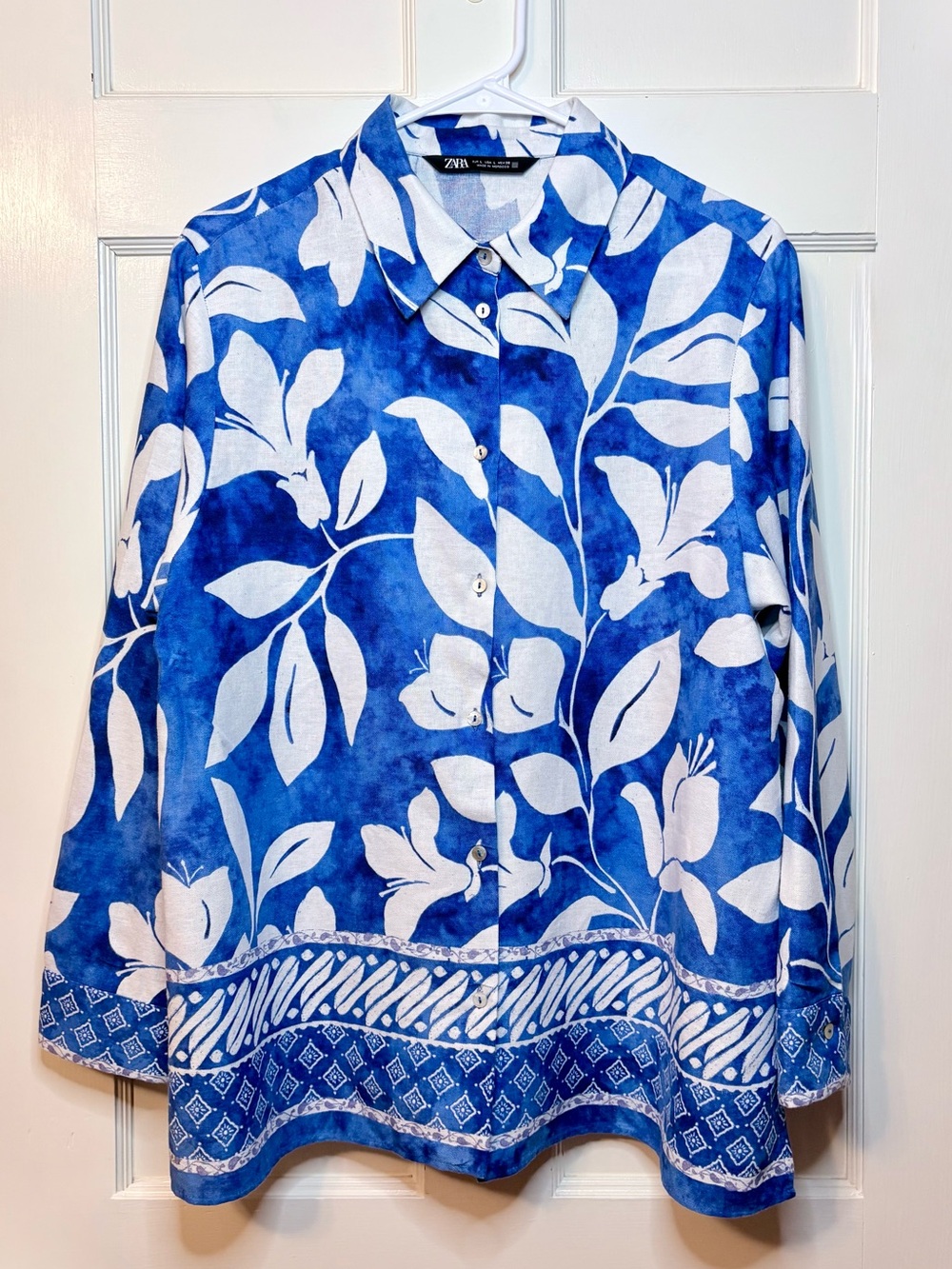Zara Botanical Linen Blend Tunic in Blue & White